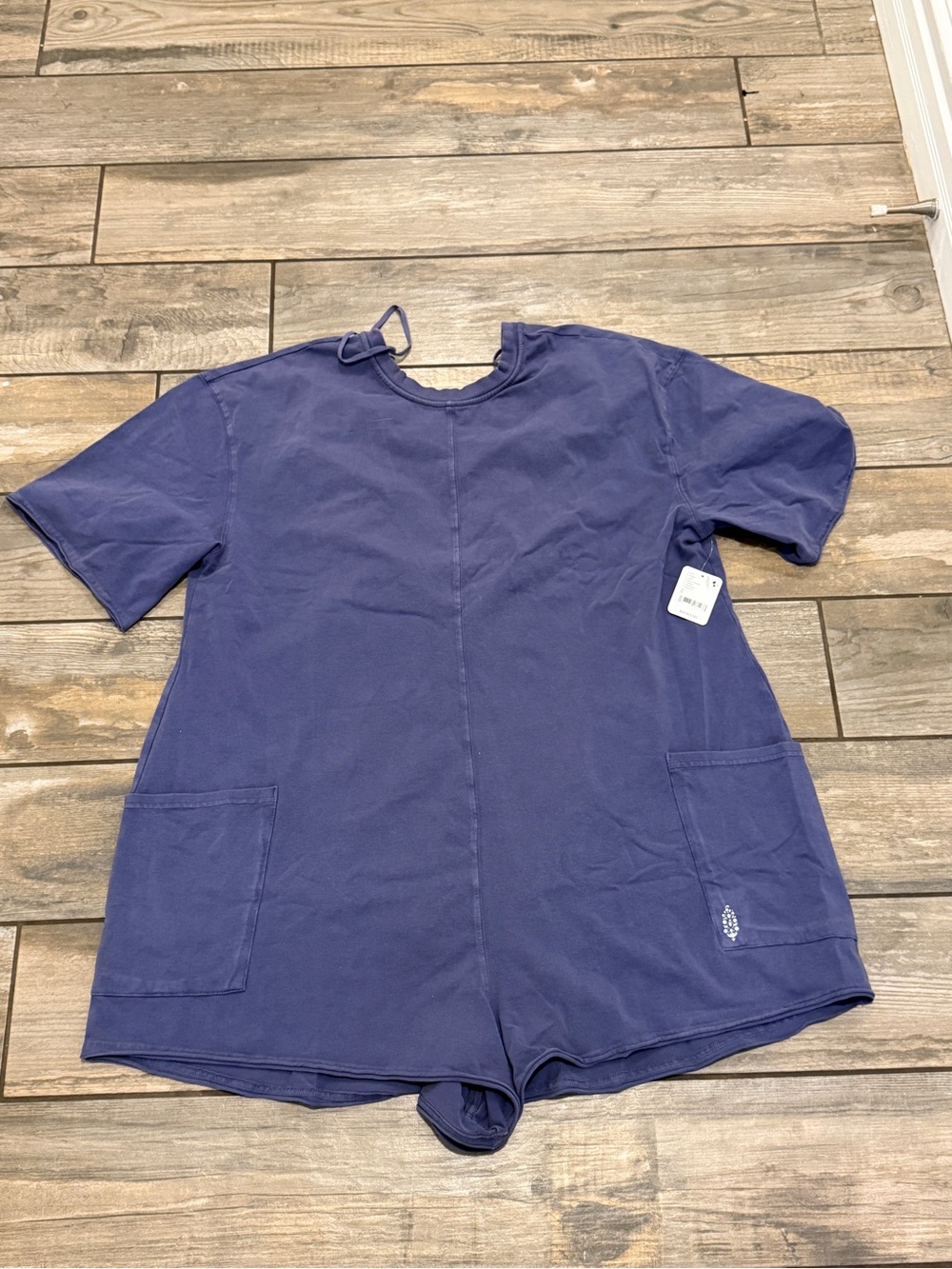 Free People Hot Shot Tee Romper • Indigo Blue Short Sleeve Romper with Pockets